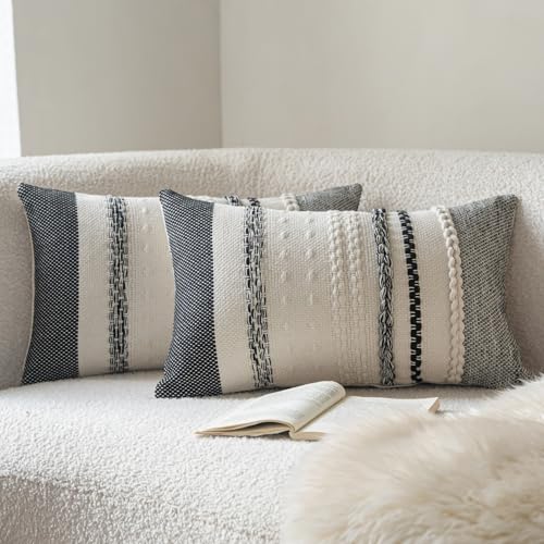 Cethom Boho Throw Pillow Covers 18x18 Inch Set of 2, Black Textured Decorative Couch Pillow Cases for Farmhouse Home Decor, Accent Cushion Cover for Sofa, Bed, Living Room, Bedroom - color: Black, size: 20" x 12" (Pack of 2)