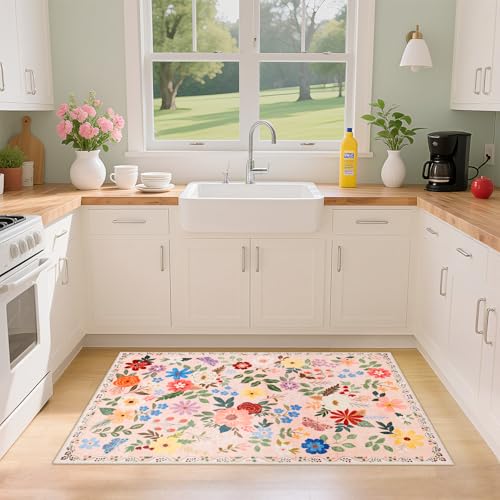 Entryway Rug 2X3 Small Rugs: Floral Washable Door Mat Vintage Soft Low Pile Non-Slip Kitchen Rugs Stain Resistant Indoor Throw Rug for Entrance, Bedroom, Kitchen, Laundry, Bathroom Beige - color: Beige, size: 2' x 3' (Rectangular)