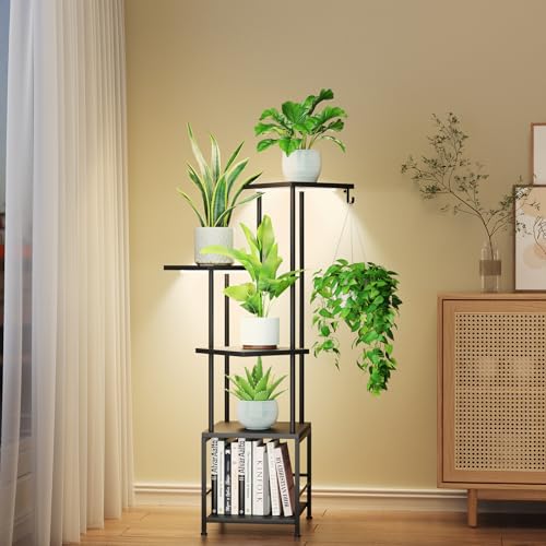 Homsorout Plant Stand Indoor with Grow Light - 5-Tier Metal Plant Shelf with Hanging Basket Hook, Corner Tall Flower Holder for Multiple Plants, Living Room Balcony Garden Patio, Black - color: Black, size: 5-Tier