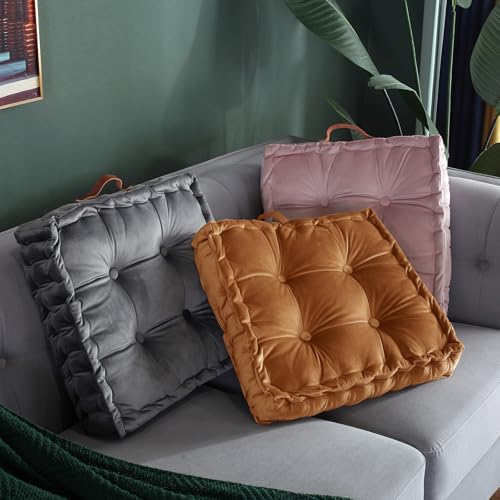 vctops Fall Square Solid Color Velvet Seat Cushion with Handle Tufted Thicken Chair Pad Tatami Floor Pillow Cushion 16.5"x16.5"x4" Dark Orange - color: Dark Orange
