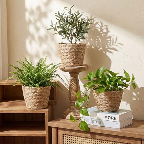 4 Pcs Straw Plant Baskets Indoor Rattan Woven Flower Baskets with Plastic Liner, Cattail Plant Planter for Indoor Outdoor Rustic Boho Home Farmhouse Floor Potted Pots Decor - color: Natural, size: S(6.3" Top D X 4.3" Bottom D X 4.3"h), style: Cattail