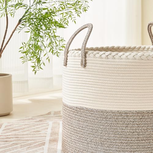 KAKAMAY Large Blanket Basket (18"x18"x16"),Woven Baby Laundry Hamper for Storage, Cotton Rope Blankets Baskets for Nursery, Laundry, Living Room, Pillows, Baby Toy chest with Handles (White/Beige) - color: Beige