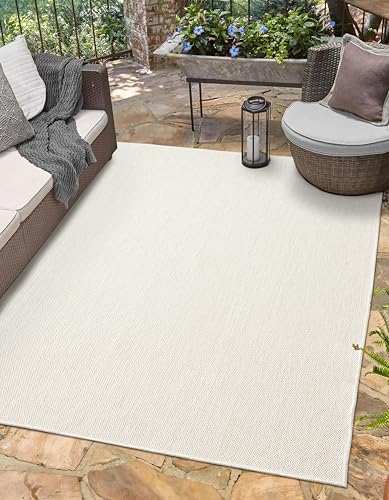 Angela Easy Jute Indoor Outdoor Rug, 6x9 Natural Solid Jute Look, Polyester, Durable & Easy Care Outdoor Farmhouse Carpet for Patio, Porch, Living Room (6' x 9', Ivory) - color: 2001 - Ivory, size: 6' x 9' (Rectangular)