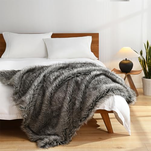 HORIMOTE HOME Luxury Plush Faux Fur Throw Blanket, Long Pile Grey with Black Tipped Blanket, Super Warm, Fuzzy, Elegant, Fluffy Decoration Blanket for Couch, Armchair, Sofa and Bed, 50''x 60'' - color: Chinchilla, size: 50″×60″