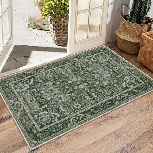 U'Artlines Entryway Rug 2'x3' Non Slip Washable Indoor Door Mat Ultra Soft Kitchen Floor Rugs with Rubber Backing Small Boho Area Carpet for Bedroom Laundry Bathroom(Green＆Beige) - color: Green＆beige, size: 2' x 3' (Runner)