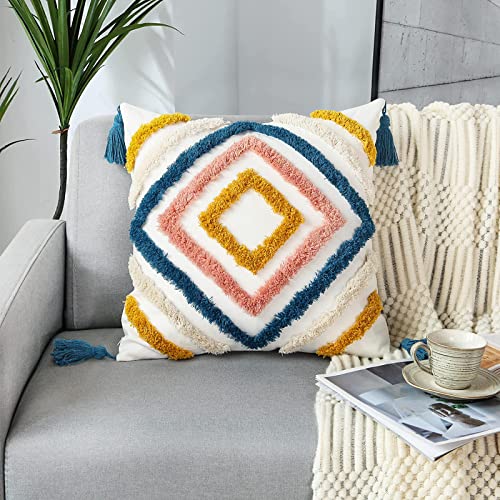 JASEN Boho Throw Pillow Covers, Woven Tufted Decorative Pillow Covers with Tassel Diamond Pattern Pillow Covers for Couch Sofa Bedroom Living Room No Pillow Insert, (Blue, 18 x 18-Inch) - color: Blue, size: 18" x 18" (Pack of 1)
