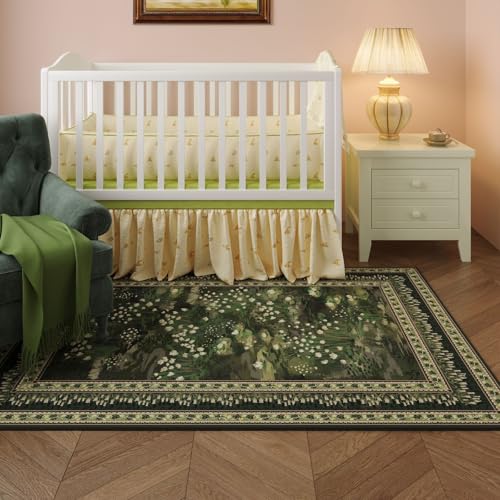 Rugcomf 3x5 Washable Rug Impressionist-Style Vintage Non Slip Low Pile Small Carpet for Bedroom Bedside Kitchen Entryway Kids Room Office College Dorm Essentials for Girls, Green - color: Green, size: 3' x 5' (Rectangular)