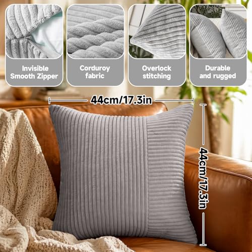 Corduroy Throw Pillow Covers, Cozy Cushion Covers for Home Decor, Zippered Pillowcases for Couch and Bed - color: Grey Corduroy Pillowcase
