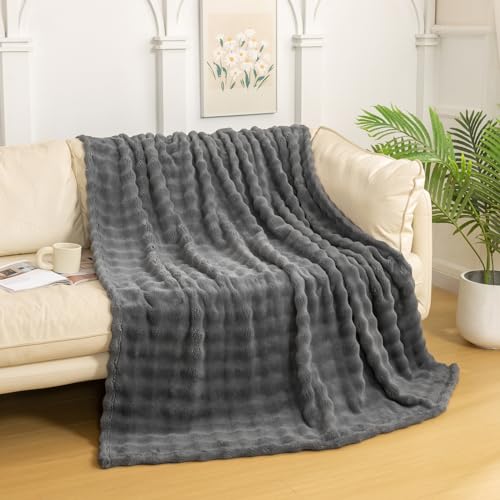 YUSOKI 3D Fleece Bubble Throw Blanket | 380GSM Ultra Soft Fluffy Plush | Non-Shedding Lightweight Cozy Blanket for Couch Sofa Bed | All Season (Grey,50 * 60inches) - color: Grey, size: Throw(50" x60")