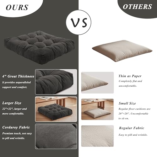 Meditation Floor Pillow 22×22 Inch 2 Pack Large Floor Cushions for Adults Square Tufted Corduroy Floor Pillows for Yoga Living Tatami Room Dark Grey - color: Dark Grey