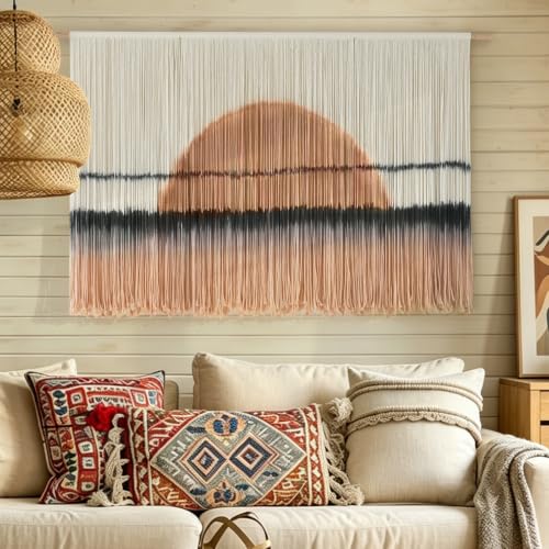 Macrame Wall Hanging Dip Dye Sunset Boho Wall Decor Fiber Art 57" W*35" L - color: Black and Brown