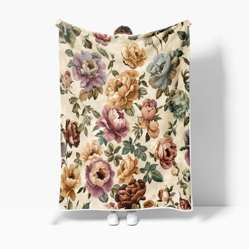 Boho Floral Blankets Vintage Floral Fleece Blanket | Soft, Flannel, Warm, Red Flower Plants Bed Throws Botanical Flowers Bed Throws for Sofa Bedroom Living Room 50X60 Inch - color: Red, size: 50 X 60
