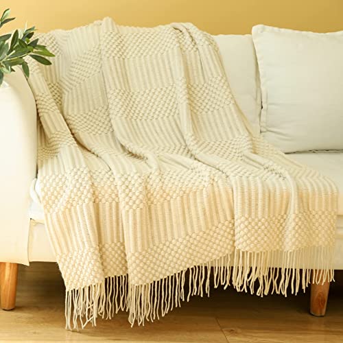 Blagic Knitted Throw Blanket for Couch, Bed and Sofa. Super Soft Blanket with Tassels, Beige Throw Blanket, 60 x 80Inches Lightweight & Cosy Home Decor - color: H-beige, size: 60 × 80 in