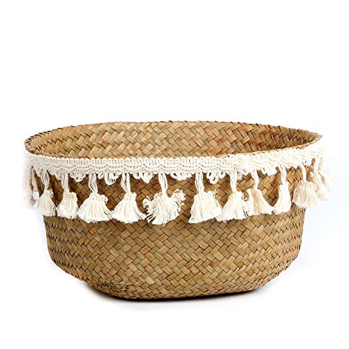 Tassel Macrame Woven Seagrass Belly Basket for Storage, Decoration, Laundry, Picnic, Plant Basin Cover, Groceries and Toy Storage (Medium, Tassel) - color: Ivory White, size: Medium