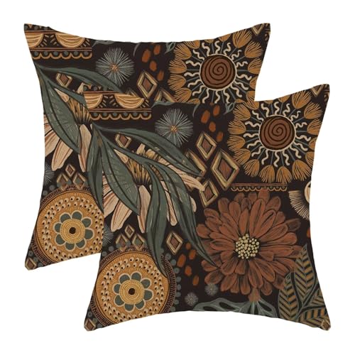 Boho Floral Pillow Covers 18x18 Inch Set of 2, Boho Brown Plant Outdoor Decorative Retro Bohemian Flower Throw Pillows Brown Tropical Leaves Couch Cushion Case for Chair Sofa Bedroom - color: Vc4, size: 18" x 18" (Pack of 2)