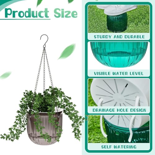 Meanplan 4 Pcs Self Watering Hanging Planter Indoor 6.5 Inch Hanging Baskets for Plants Outdoor Plastic Flower Pot with 3 Hooks Chains Drainage Holes for Garden Home, Medium Size(Emerald, Gray) - color: Emerald, Gray