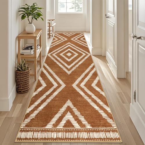 Boho Hallway Runner Rugs 3x10ft Non Slip, Long Brown Washable Kitchen Rug Runners Non Shedding, Geometric Floor Carpet for Bedroom Farmhouse Entryway Living Room Home Decor - color: Brown, size: 3' x 10' (Rectangular)