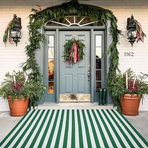 Green & White Striped Rug, 4' x 6' Indoor/Outdoor Area Rug for Front Porch, Entryway, Machine Washable Cotton Woven Welcome Door Mat - color: Green & White Stripe, size: 4' x 6' (Rectangular)