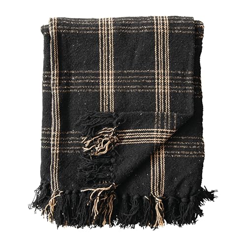 Plaid Black & Tan Fringed Woven Cotton Blend Throw - color: Black, size: One Size