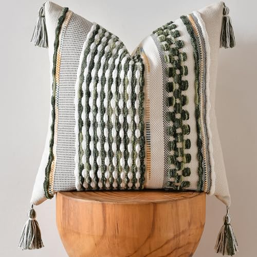 AmHoo Chenille Striped Textured Boho Throw Pillow Covers Aesthetic with Tassels Woven Decorative Pillow Case for Couch Bed Sofa Bedroom Modern Funky 18 x 18-Inch Sage Green - color: Sage Green, size: 18" x 18" (Pack of 1)