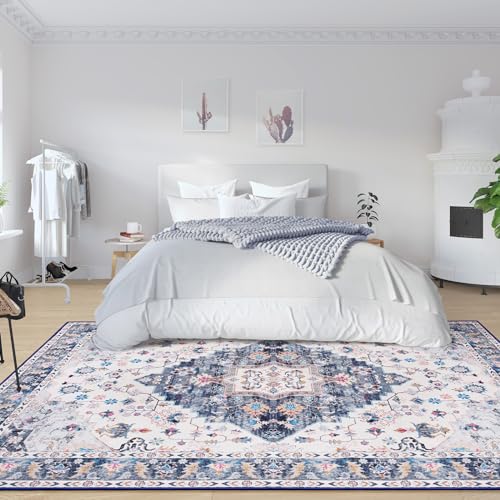 Amearea Vintage Design Area Rugs for Living Room, 4x6 Machine Washable Floral Collection Traditional Bedroom Rug, Low Pile Cute Kids Room Print Carpet, No Slip Office Kitchen Home Decor, Blue - color: Blue, size: 4' X 6' (Rectangular)
