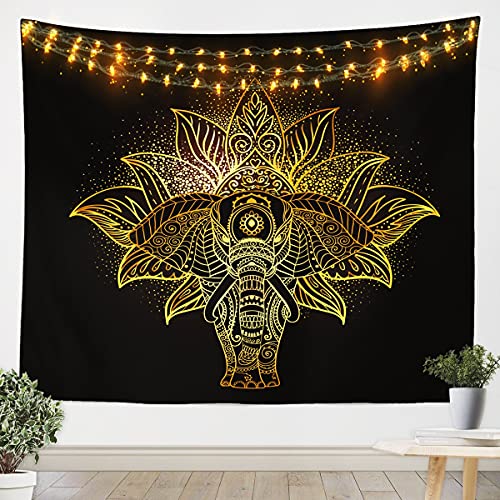 Feelyou Gold Elephant Wall Hanging Boho Mandala Tapestry Bohemian Exotic Style Wall Blanket for Boys Girls Kids Black Golden Tribal Ethnic Elephant Art for Bedroom Living Room Decor Xlarge 70x92 - size: 92"L x 70"W