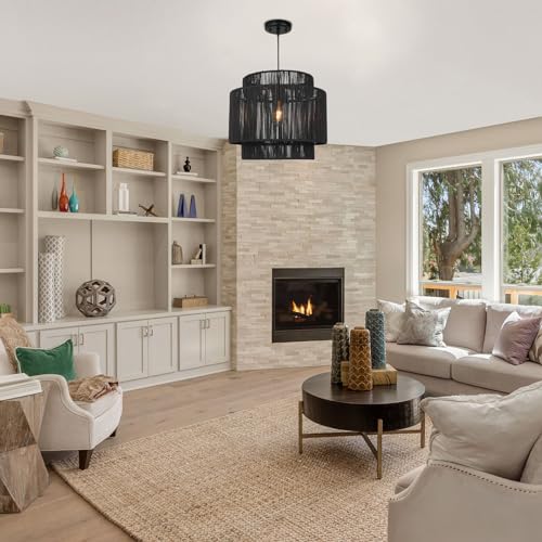 16 Inch Large Natural Simple Hand Weaved Rattan Pendant Lamp, Coastal Beach Black Rope Hanging Pendant Light Fixture for Dining Room Living Room Bedroom Kitchen Foyer - size: 6719