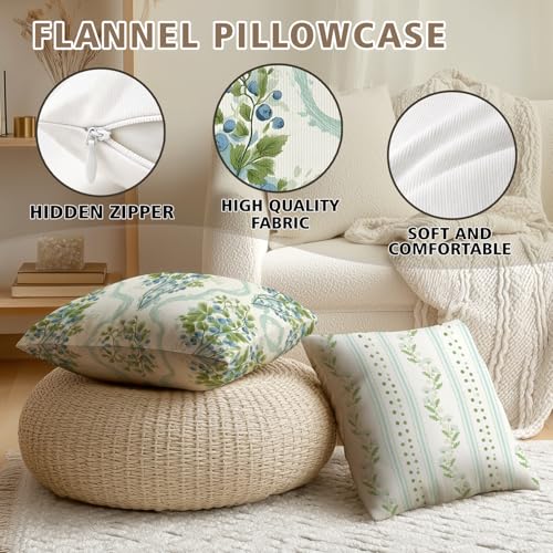 Boho Green and White Throw Pillow Covers 18x18 Inch, Set of 2 Vintage Floral Double -Sided Printed Pillowcase, Farmhouse Couch Decor for Sofa Bedroom Living Room