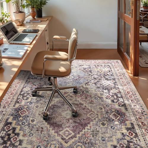 YOH Boho Washable Rug 4x6, Mauve Grey Vintage Non Slip Area Rug, Distressed Indoor Carpet for Living Room Bedroom Kitchen Office - color: B-mauve Grey, size: 4' x 6' (Rectangular)