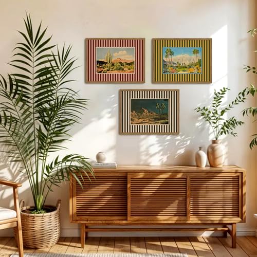 Framed Vintage Western Landscape Wall Art Set of 3, Striped Postcards Southwest Desert Cactus Pictures Wall Decor Paintings, Boho Plant Canvas Prints for Living Room Bedroom Office 16x24 inch - color: Vintage Striped, size: 24L" x 16W"