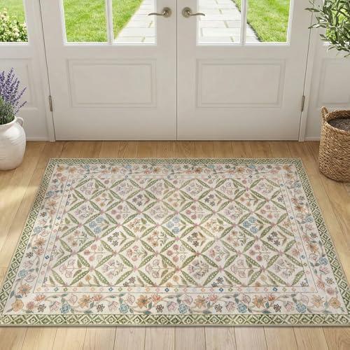 jinchan Haden Accent Rug 3x5 Vintage Floral Washable Rug for Bedside Entryway Soft Non-Slip Low Pile Small Carpet for Girls Dorm Small Living Room Cottage Indoor Decor Sage Green - color: Sage Green, size: 3' x 5' (Rectangular)