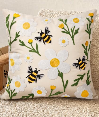 Embroidered Throw Pillow Cover 18x18 Inch - Spring Summer Boho Decorative Pillow Cover with Zipper for Living Room Couch Sofa Bed Aesthetic Design Flower Bee Cushion Pillowcase - color: Flower Bee, size: 18" x 18" (Pack of 1)
