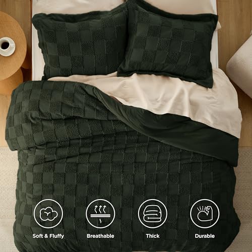 Bedsure Twin/Twin XL Size Comforter Set Dark Olive Green, Boho Tufted Bed Set, Checkered Farmhouse-Style Distressed Vintage Bedding, 2 Pieces, 1 Plaid Geometric Comforter and 1 Pillow Sham - color: 02 - Dark Olive Green - Tufted Checkboard, size: Twin/Twi