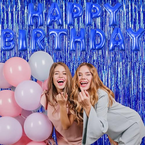 2 Pack Fringe Curtains Backdrops, Foil Fringe Curtains, Door Streamers for Birthday Wedding Bridal Shower Holiday Graduation Party Decorations, Photo Booth Backdrops, Blue - color: Blue