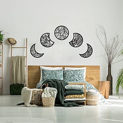 Jetec 5 Pcs Moon Phase Wall Art Decor Wall Pediments Hanging Wooden Phase Spiritual Bedroom Nordic Boho Lunar Aesthetic Art for Living Room Dorm Apartment Ornament(Black,10.6 Inch,Botanical) - color: Black, size: 10.6 Inch