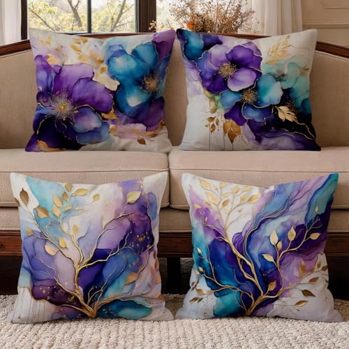 OBSEDE Decorative Throw Pillow Covers Set of 4, 18x18 Inch Purple and Blue Abstract Floral Watercolor Pillow Cases with Gold Accents for Couch Sofa Bedroom, Modern Artistic Home Decor - color: Gilded Ink Bloom, size: 18" x 18" (Pack of 4)