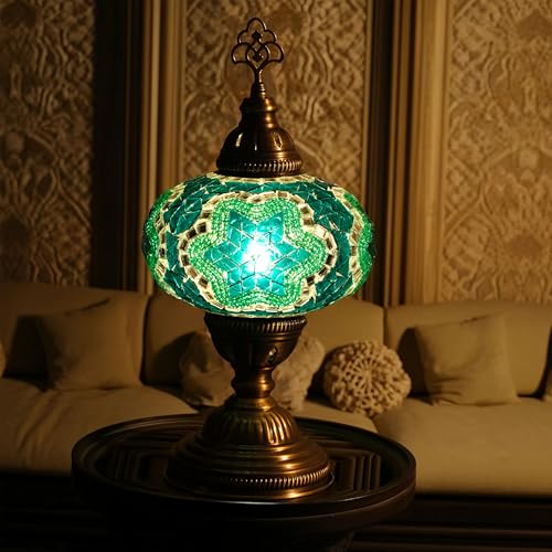 Turkish Mosaic Table Lamp with Bulb – Handmade Turquoise-Teal Stained Glass Light, Vintage Bohemian Bedroom & Living Room Decor, E12 Socket & US Plug - color: Turquoise Teal