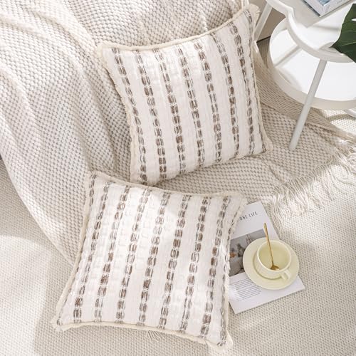 LUOYEHK Chenille Striped Throw Pillow Covers 18x18 Inch Set of 2 Boho Khaki Decorative Pillowcases with Fringe Farmhouse Neutral Cushion Covers for Couch Sofa Bed Living Room - color: Khaki, size: 18" x 18" (Pack of 2)