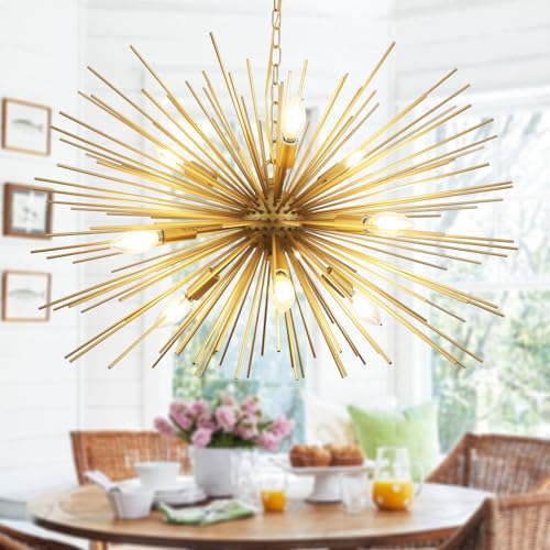 29" Modern Sputnik Chandelier 9-Lights Mid Century Modern Starburst Golden Chandelier Luxury Gold Solid Metal Sputnik Satellite Chandeliers for Dining Room, Kitchen Island, Bedroom - color: Golden 29" 9-Light