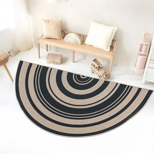 Easy Jute Rug 3x6Ft Half Circle Rainbow Carpet for Farmhouse Bedroom Carpet, Non-Slip Half Round Thin Neutral Floor Mat for Living Room Patio Kids Room Kitchen, Indoor Outdoor, Black 1 - color: Black 1, size: 3'x6'