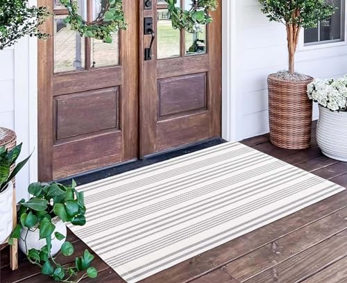 Grey and White Outdoor Rug 24'' x 51''Striped Front Porch Rug Hand-Woven Machine Washable Layered Door Mats for Entryway/Bedroom/Outdoor - color: Grey Striped, size: 2' x 4'3" (Rectangular)