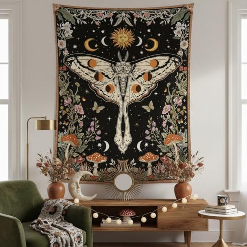 Aipon Boho Moth Tapestry Vintage Floral Flowers Tapestries Aesthetic Retro Mushroom Tapestries for Bedroom Sun and Moon Indie Small Tapestry Wall Hanging for Living Room Dorm 40 x 30 Inch - color: Black Mushroom Moth, size: 40"L x 30"W