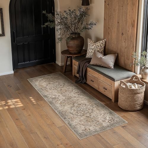 PureCozy Brown Runner Rug 2x6 Washable Vintage Long Carpet Low Pile Traditional Distressed Retro Accent Indoor Hallway Throw Rug Non Slip for Kitchen Laundry Bathroom Dining Room - color: Vintage | Brown, size: 2' x 6' (Runner)
