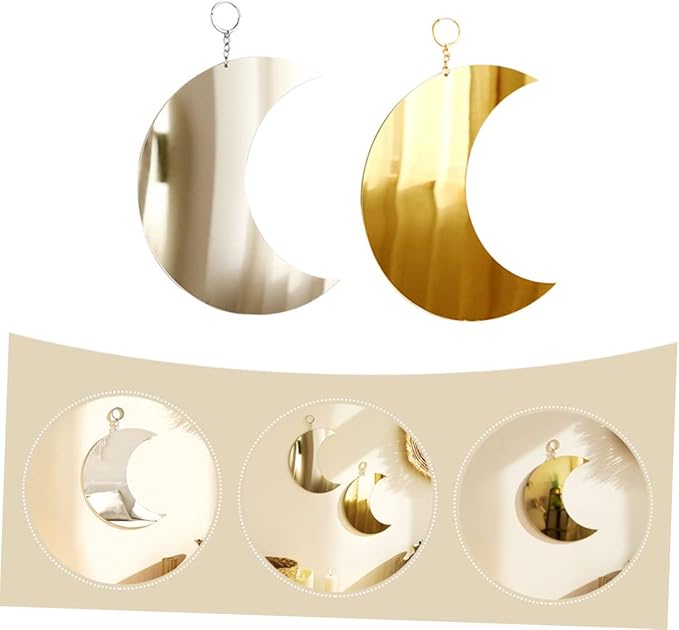 2pcs Boho Moon Mirror Wall Decor Acrylic Decorative Hanging Mirrors for Bedroom and Lounge Stylish Wall Art with Gold Silver Finish Space-Saving Home Decoration