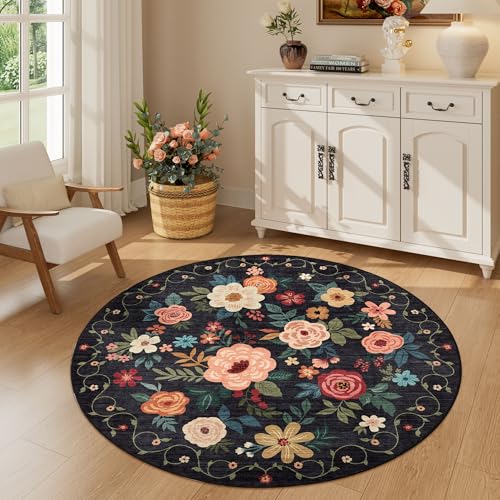 DUKINO Floral Round Rug, 4ft Washable Round Area Rug, Non Slip Indoor Low Pile Circle Rug, Soft Small Boho Design Circle Rug for Bedroom, Entryway, Living Room, Dining Room,Black - color: Black, size: 4' (Round)