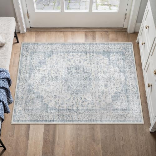 PureCozy 2x3 Area Rug Washable Neutral Blue Vintage Entryway Carpet Non Slip Low Pile Soft Door Mat Indoor Entrance Floral Small Throw Rug for Bathroom Bedroom Office Laundry Kitchen - color: Vintage | Blue, size: 2' x 3' (Rectangular)