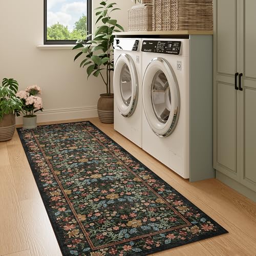DUKINO 2x6 Runner Rug for Hallway, Washable Vintage Floral Kitchen Rug with Non Slip Backing, Soft Low Pile Throw Carpet Runner for Kitchen, Laundry, Hallway, Bathroom, Black - color: Black, size: 2' x 6' (Rectangular)