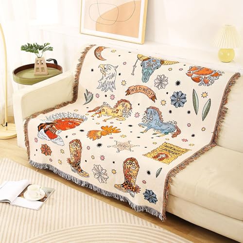 LumiSyne Double-Sided Cotton Woven Throw Blanket with Tassel Jungle Bohemian Style Tapestry Shawl Multi-Function Decorative Throws for Sofa Bed Armchair Camping Blanket Tablecloth Carpet 160x130cm - color: Wild West