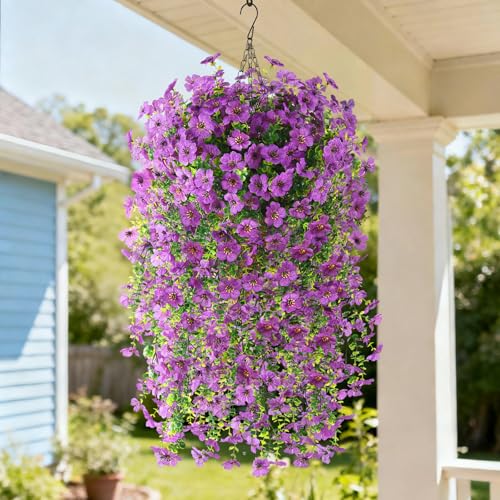 INQCMY Artificial Hanging Flower Baskets for Spring Outdoor Decoration Fake Plants UV Resistant Faux Silk Daisy with Eucalyptus Leaves Realistic Look for Home Porch Patio Yard - color: Purple