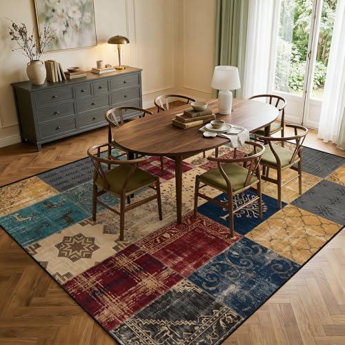 Vintage Boho Area Rugs for Living Room 2x3ft Distressed Geometric Rug, Bohemian Multi-Color Patchwork Rug, Retro Ethnic Rugs Non-Slip Washable Carpet for Bedroom Farmhouse Decor - color: Multi-color Patchwork, size: 2' x 3' (Rectangular)